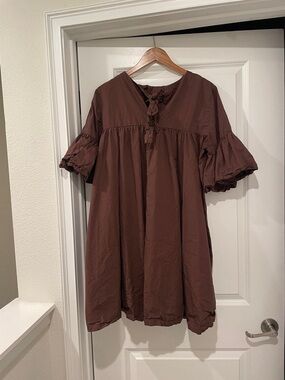 Brown Babydoll Tie-Neck Dress